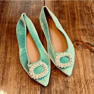 ASOS Light Green velvet pointy flats with Rhinestone Buckles Size 6.5 W or 7